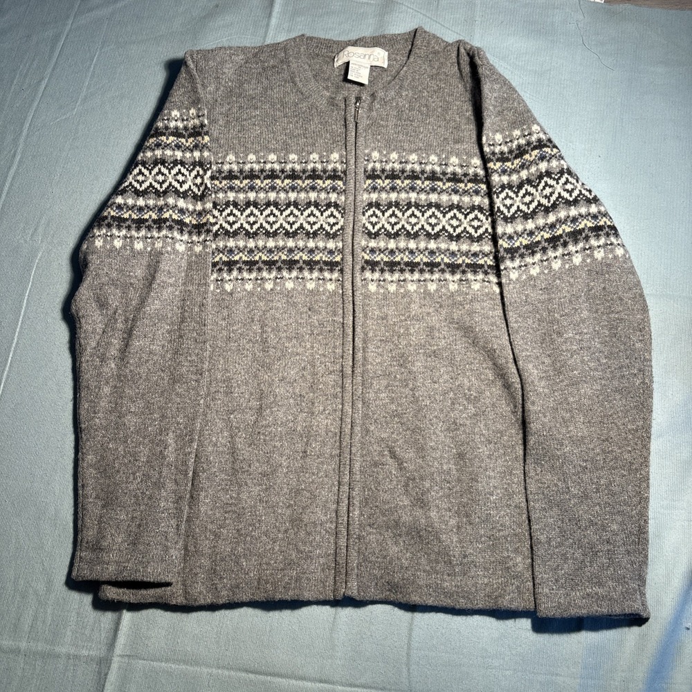 Rosanna Vintage Gray 100% Lambswool Fair Isle Full Zip Cardigan Sweater Womens M
